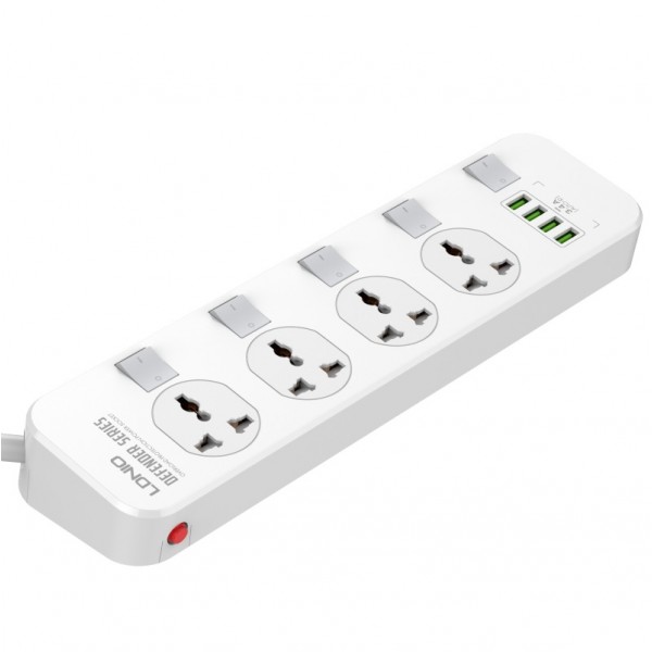 LDNIO SC4408 10A 2500W Surge Protection Power Strip Extension with 4x Individual 100-250V Power On Off Sockets and 4x 3.4A 5V Auto-ID USB Ports