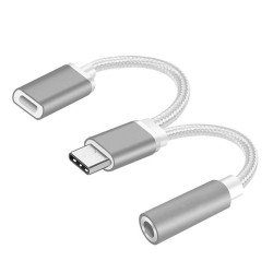USB 3.1 Type-C to 3.5mm Audio AUX and Type-C Fast Charging and Data Sync 10cm Short Braided Splitter Cable