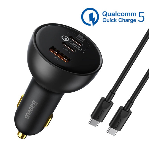 Baseus 160W Qualcomm Certified QC 5.0 Dual Type-C and USB-A Fast Charging Car Charger with 1m 100W Type-C to Type-C Cable