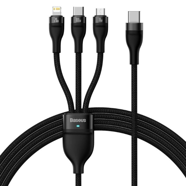 Baseus Flash Series II One-For-Three 3-in-1 Type-C to MicroUSB 18W + Type-C 100W + Lightning 20W 1.5m Fast Charging Braided Cable with Cable Strap