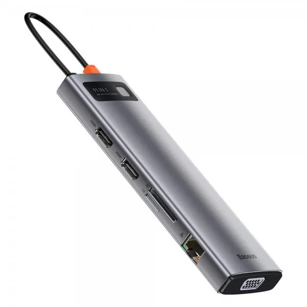 Baseus Metal Gleam Series 11-in-1 Multifunctional Type-C Hub Docking Station with 1x Type-C PD 100W 3x USB 3.2 Gen 1 1x 1Gbps RJ45 LAN 2x 4K HDMI 30Hz 1x VGA 60Hz 1x 3.5mm AUX 1x SD 2.0 1x TF Card Reader