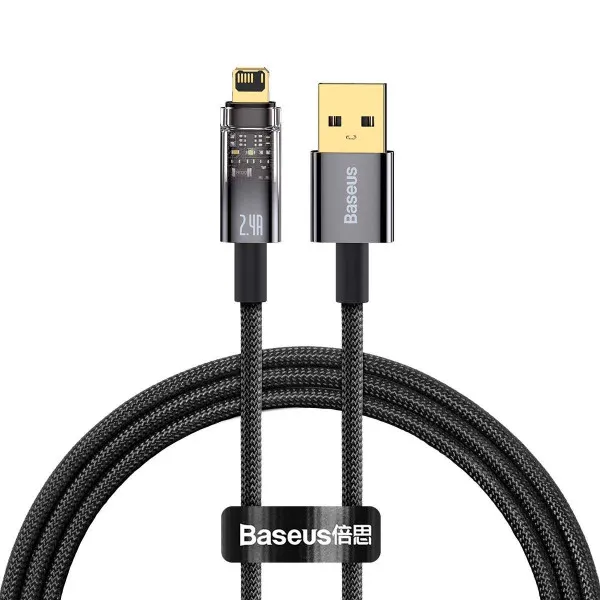 Baseus Explorer Series Auto Power-Off Transparent Shell USB-A to Lightning 2.4A Fast Charging and Data Sync Braided Cable with Cable Strap