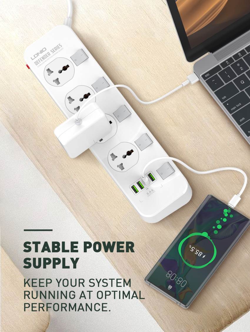 ldnio sc4408 10a 2500w surge protection power strip extension with 4x individual 100-250v power on off sockets and 4x 3.4a 5v auto-id usb ports