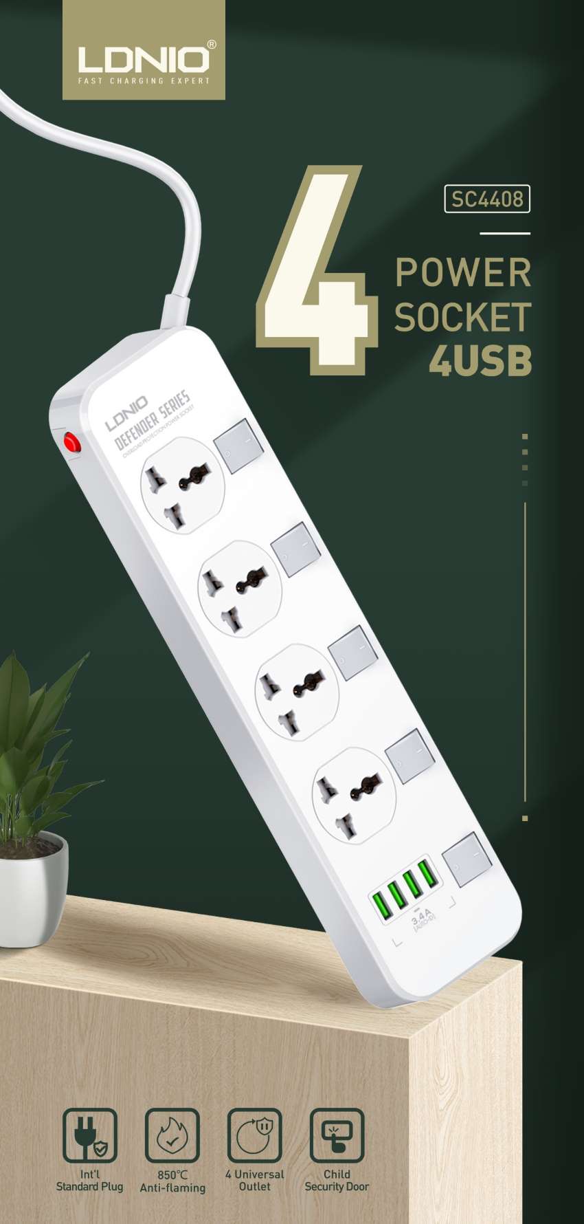 ldnio sc4408 10a 2500w surge protection power strip extension with 4x individual 100-250v power on off sockets and 4x 3.4a 5v auto-id usb ports