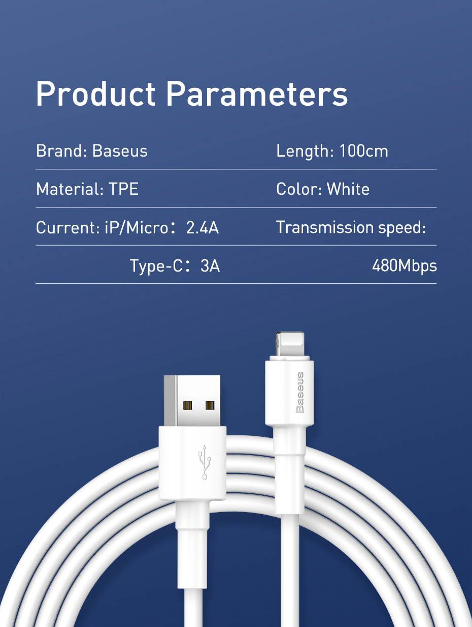 baseus usb-a to type-c 1m 3a data sync and fast charging soft tpe cable with cable strap