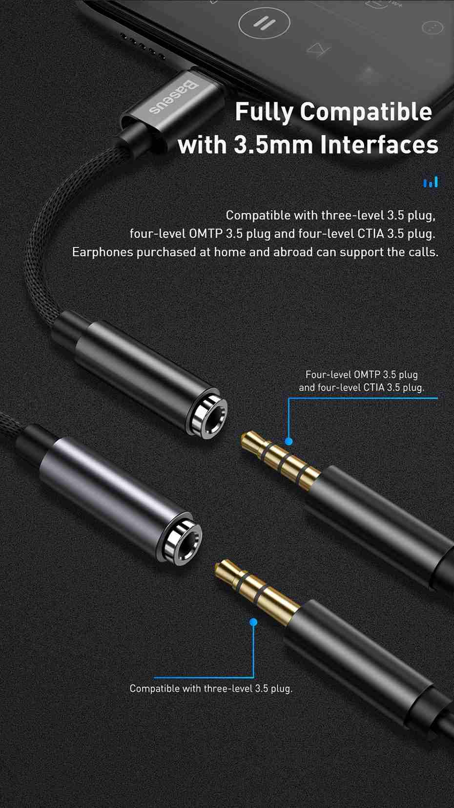 baseus l3.5 lightning male to 3.5mm aux female dac with call support adapter braided cable