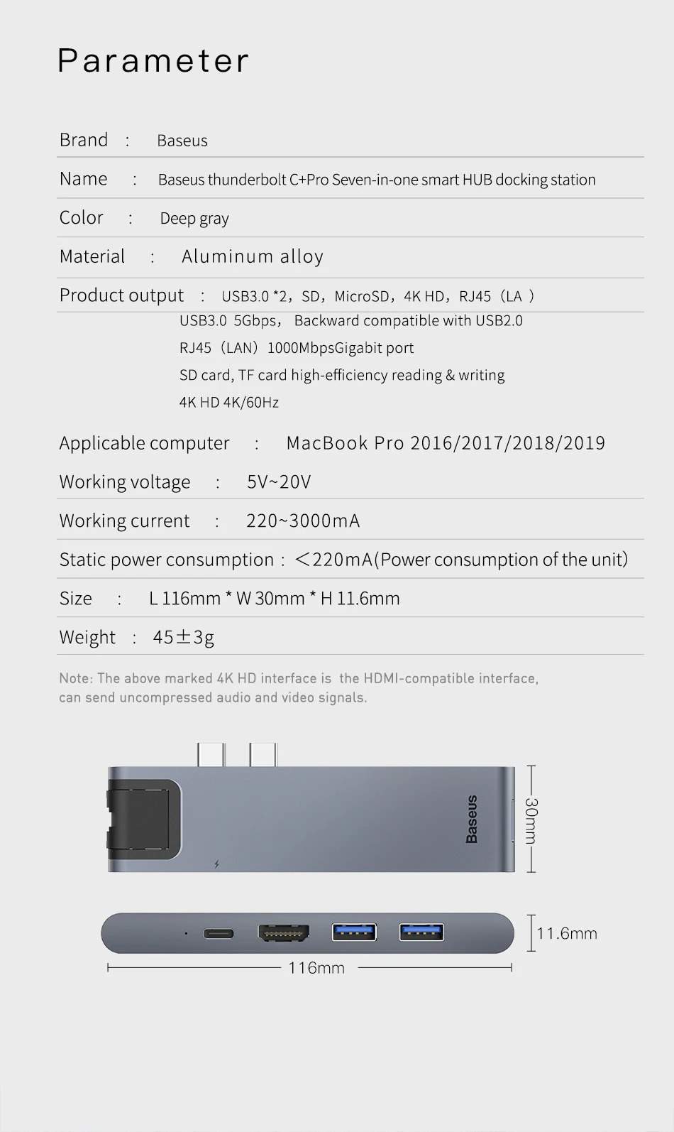 baseus dual type-c 7-in-1 hub for macbook pro 1x type-c pd 87w thunderbolt 3 1x 1gbps lan 2x usb 3.0 1x 4k hdmi 1x microsd sd card reader