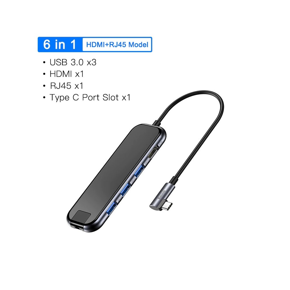 baseus superlative multifunctional type-c 6-in-1 hub with 1x type-c pd 60w 3x usb 3.0 1x 1gbps lan 1x 4k hdmi