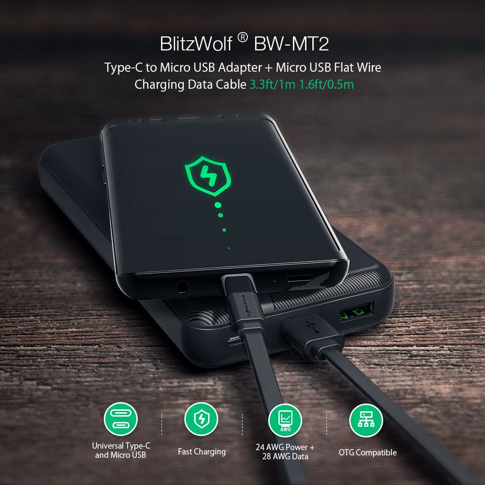 blitzwolf bw-mt2 micro usb 2a sync and fast charge flat cable with type-c adapter
