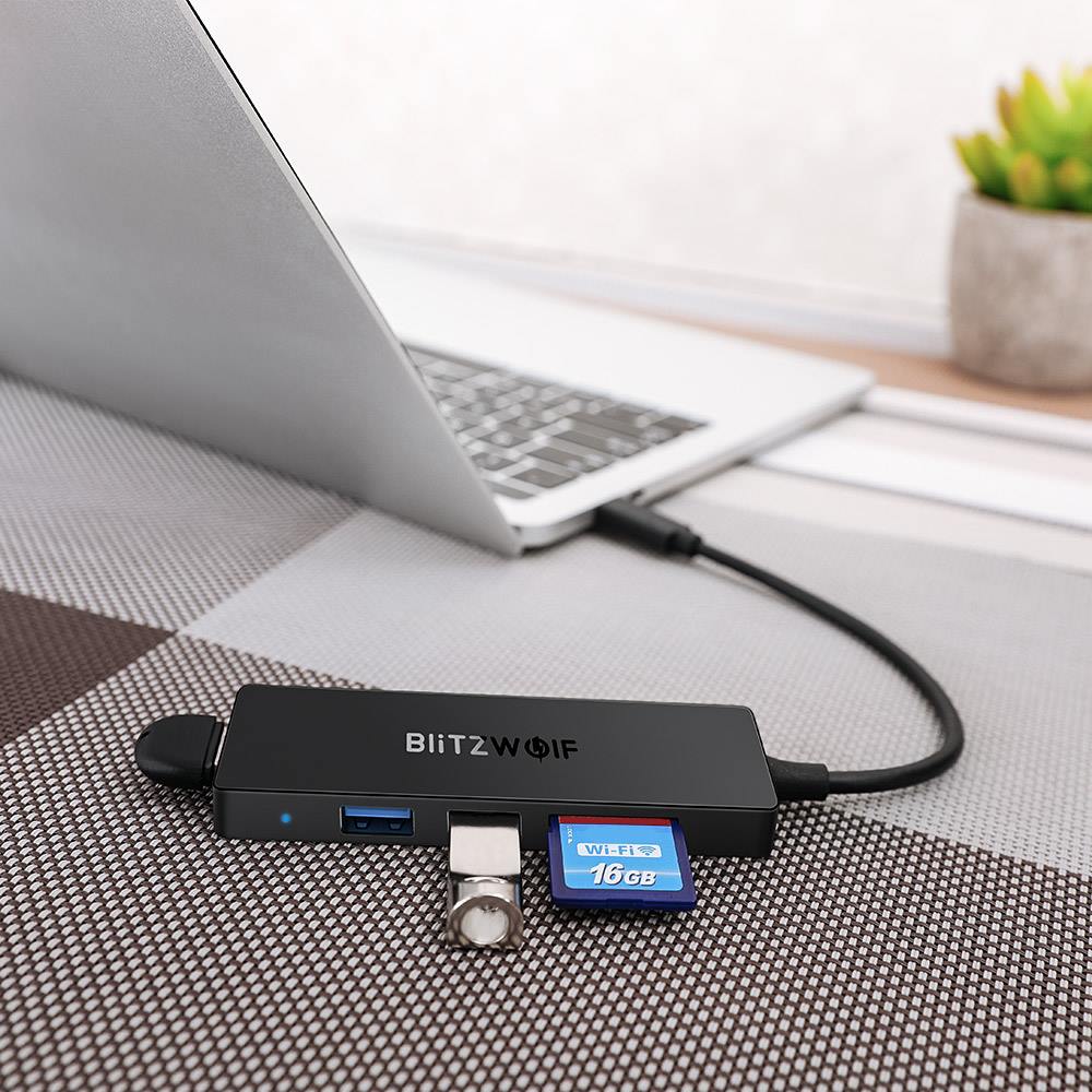 blitzwolf bw-th4 5-in-1 type-c to 3-port usb 3.0 and sd tf card reader otg data hub