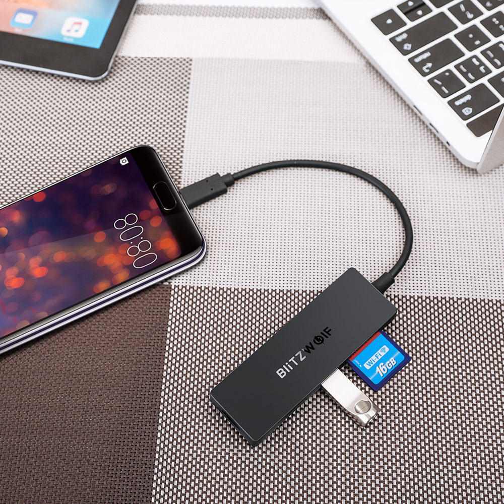 blitzwolf bw-th4 5-in-1 type-c to 3-port usb 3.0 and sd tf card reader otg data hub