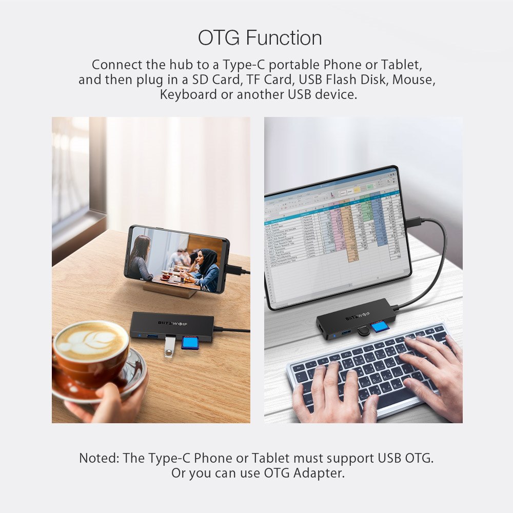 blitzwolf bw-th4 5-in-1 type-c to 3-port usb 3.0 and sd tf card reader otg data hub