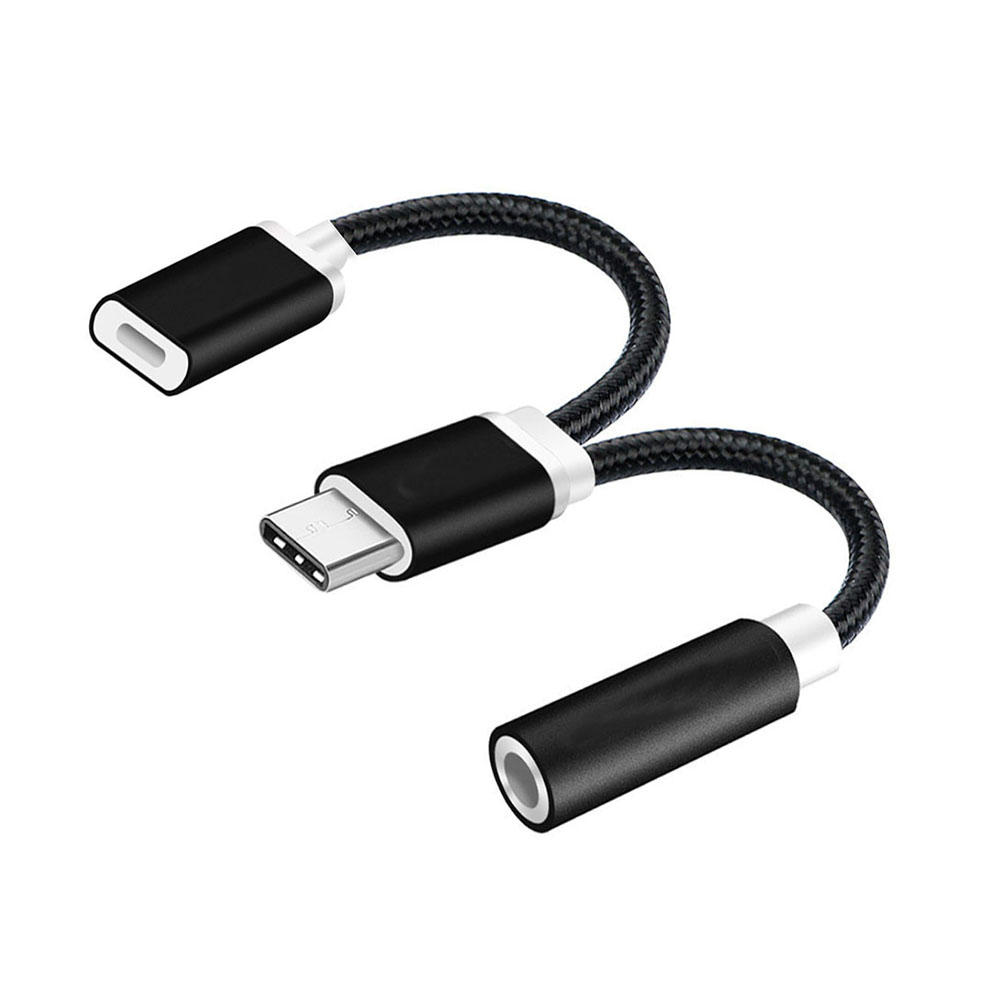 usb 3.1 type-c to 3.5mm audio aux and type-c fast charging and data sync 10cm short braided splitter cable