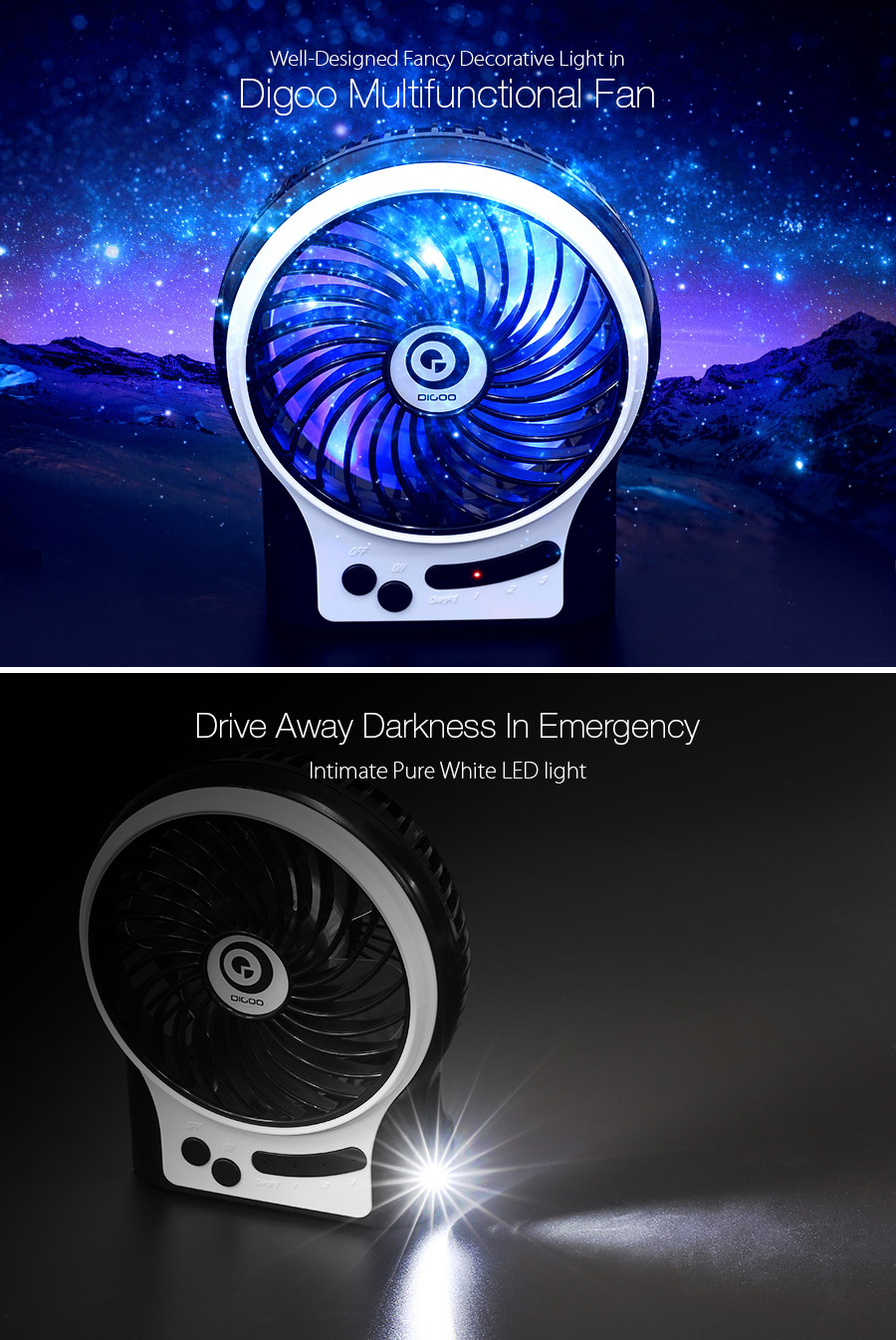 digoo df-002 rechargeable portable fan with led light