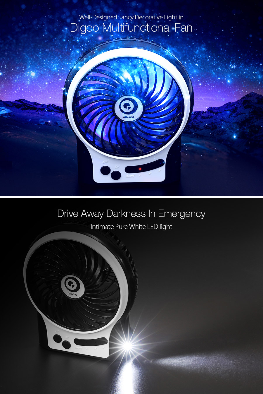 Digoo DF002 Rechargeable Portable Fan with LED Light