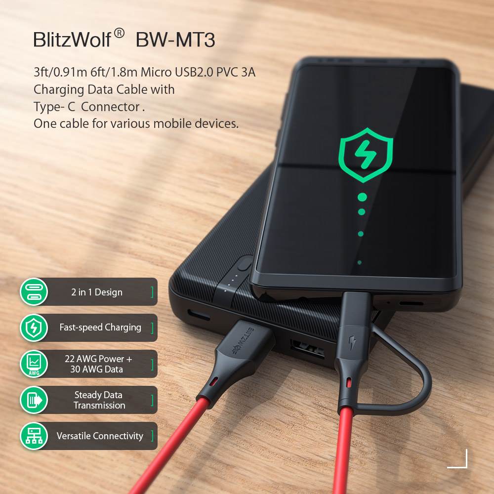 blitzwolf bw-mt3 2-in-1 type-c and micro usb 3a sync and fast charging data cable
