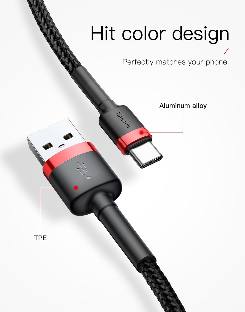 baseus type-c 3a 1m quick charge 3.0 data sync and fast charging high-density kevlar braided cable