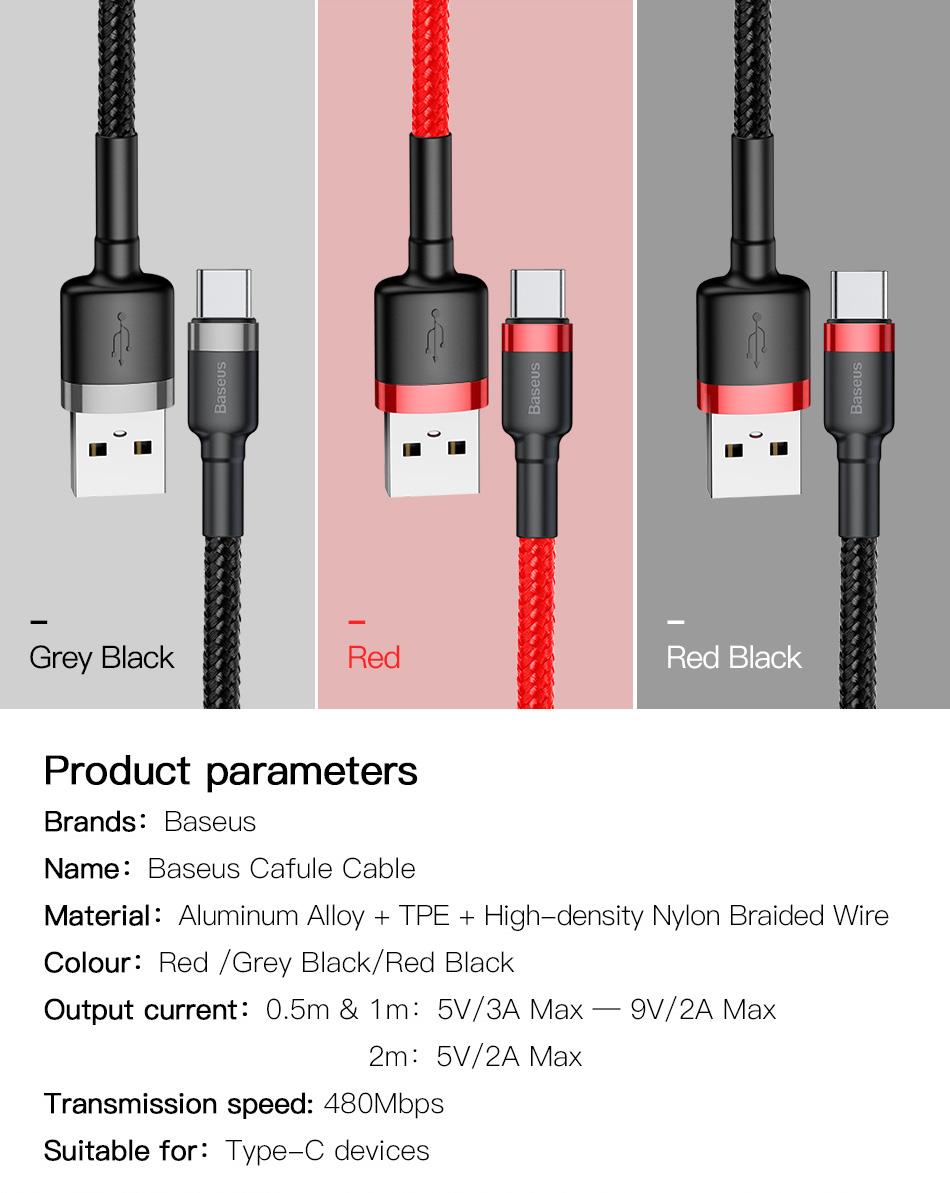 baseus type-c 3a 1m quick charge 3.0 data sync and fast charging high-density kevlar braided cable