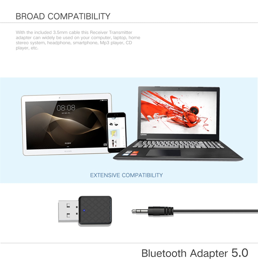 bluetooth 5.0 wireless usb receiver transmitter dongle adapter with 3.5mm aux for pc computer tv car headphones music stereo