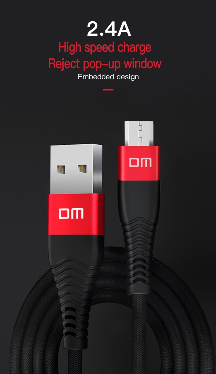 dm micro usb 2.4a 1.2m data sync and fast charging braided cable