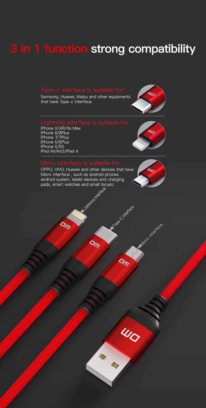 dm 3-in-1 lightning type-c micro usb 2.4a 1.2m fast charging 205d fabric braided cable