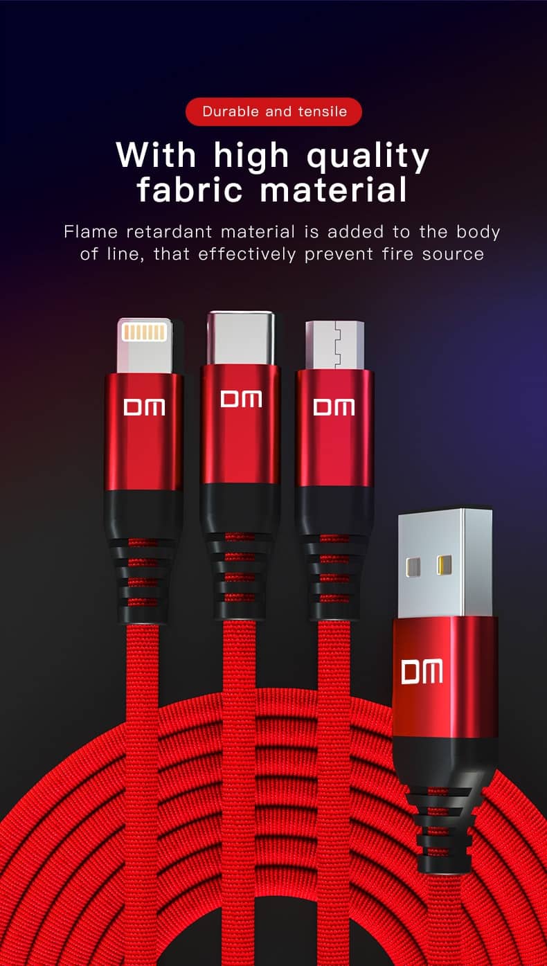 dm 3-in-1 lightning type-c micro usb 2.4a 1.2m fast charging 205d fabric braided cable