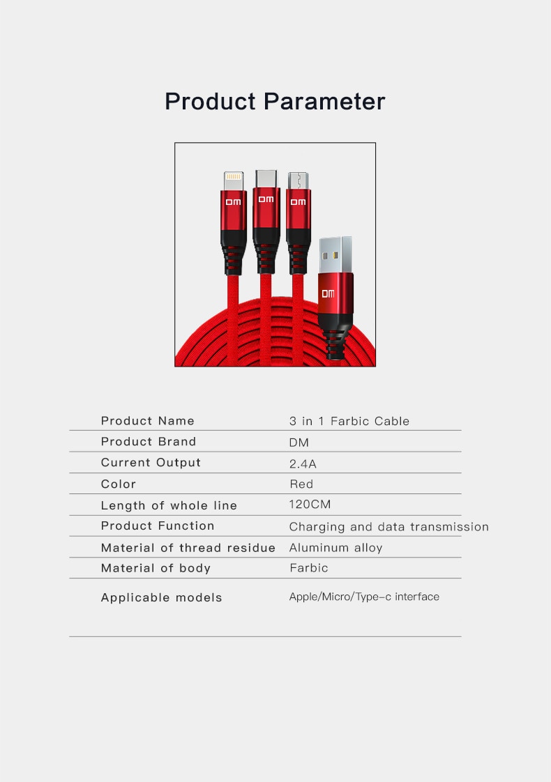 dm 3-in-1 lightning type-c micro usb 2.4a 1.2m fast charging 205d fabric braided cable