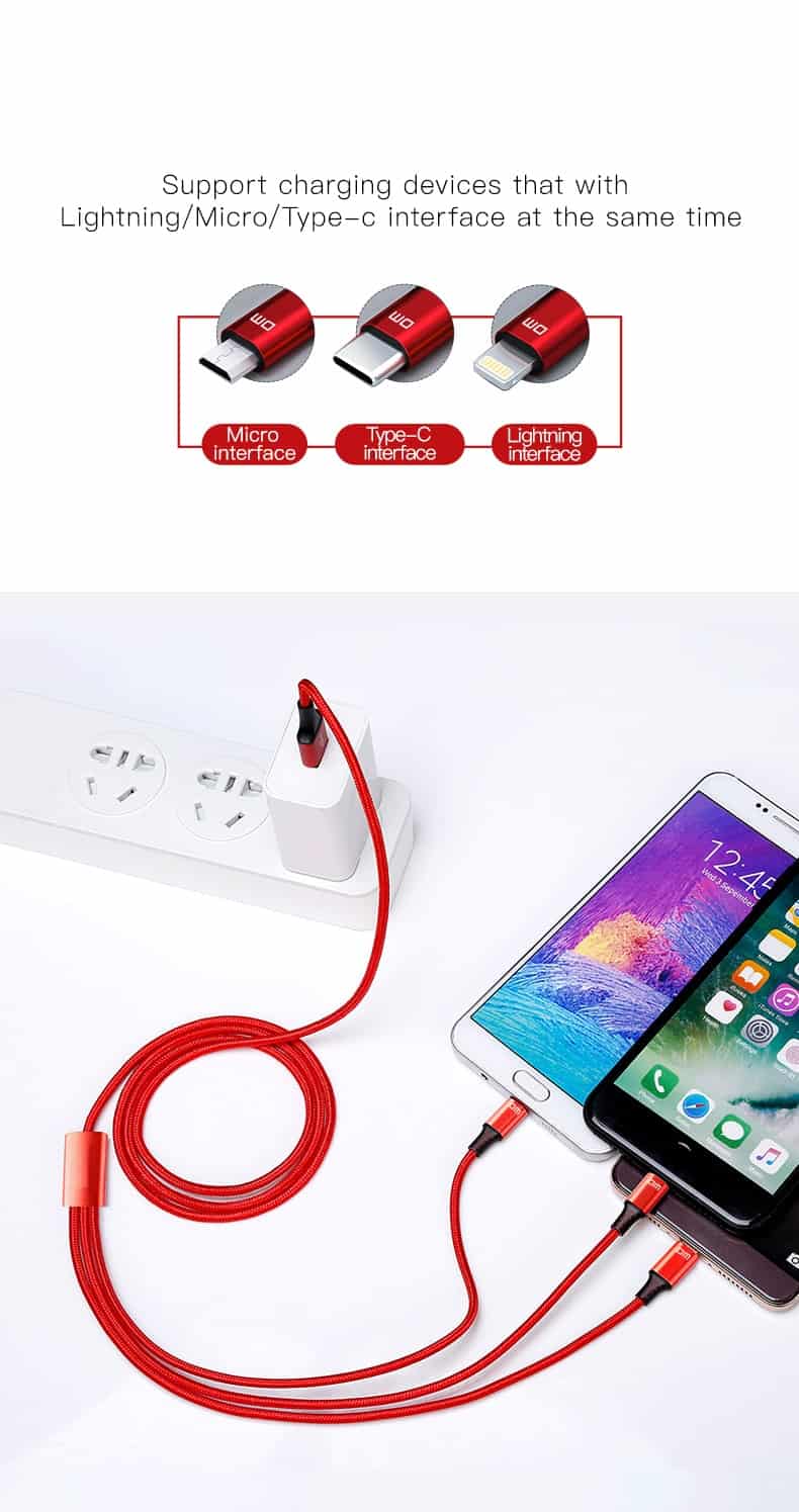 dm 3-in-1 lightning type-c micro usb 2.4a 1.2m fast charging 205d fabric braided cable
