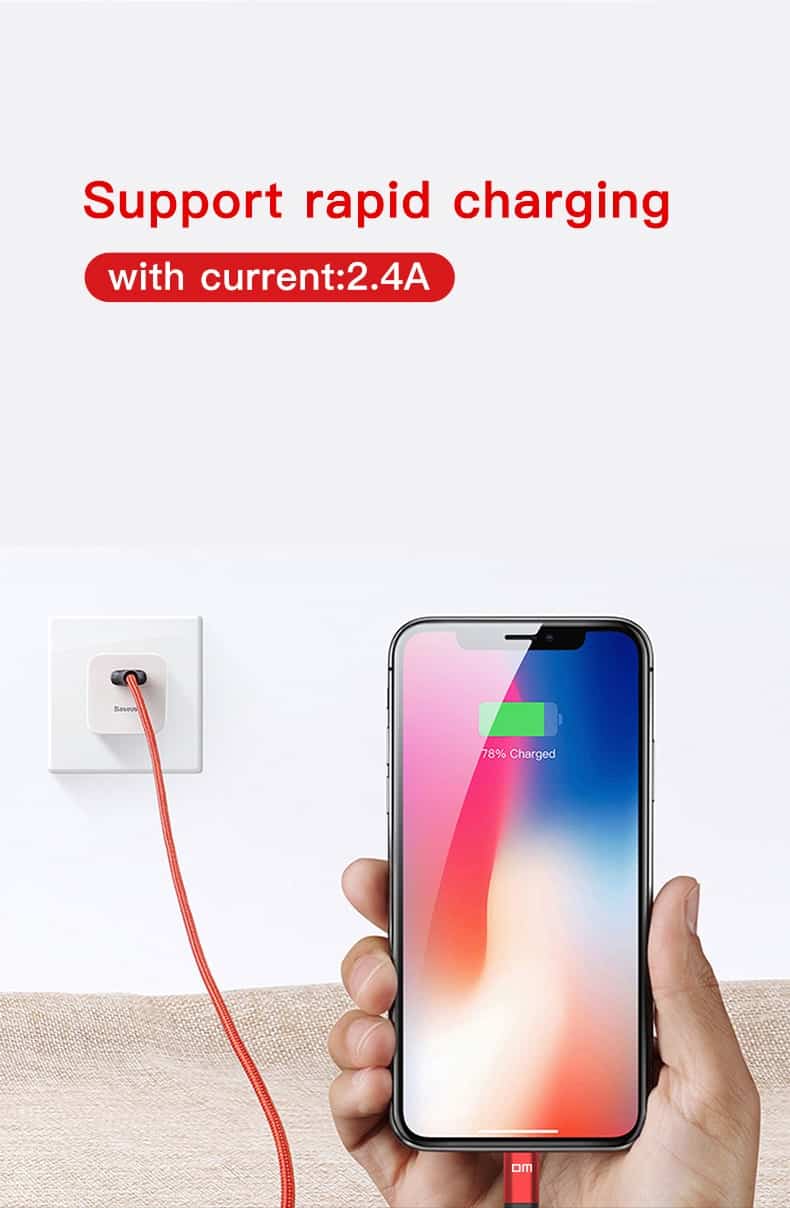 dm 3-in-1 lightning type-c micro usb 2.4a 1.2m fast charging 205d fabric braided cable