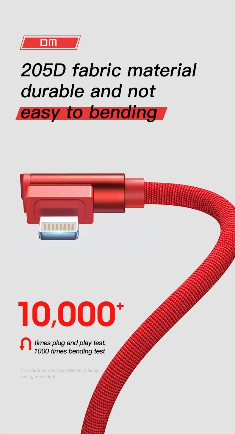 dm lightning 2.4a 1.2m data sync and fast charging dual 90 elbow 205d fabric braided cable