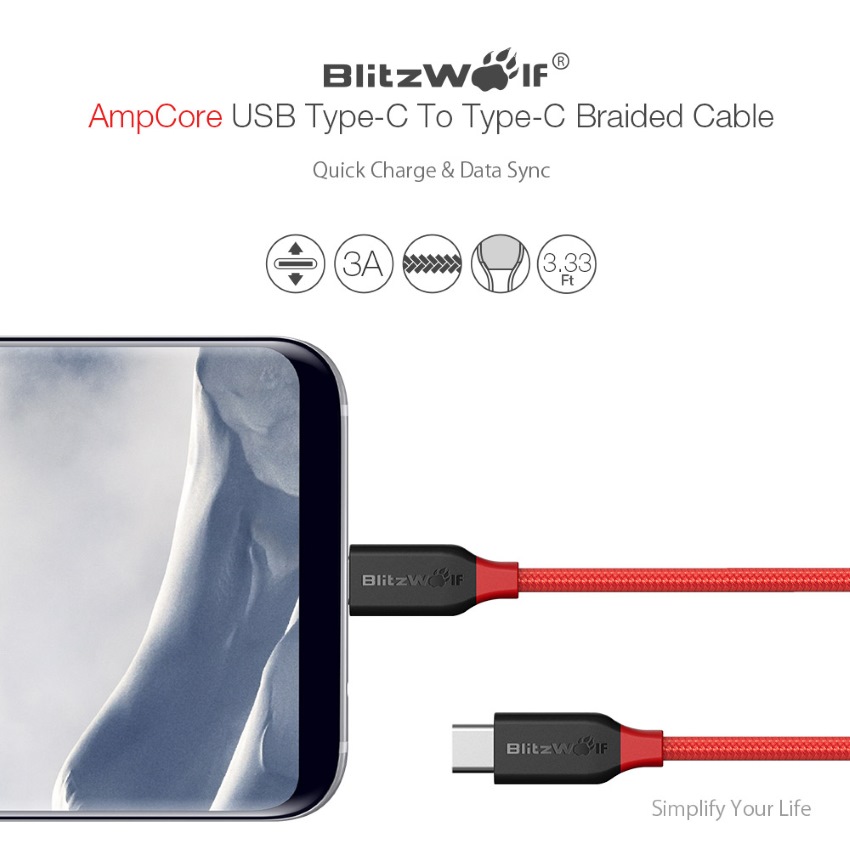 blitzwolf bw-tc4 ampcore type-c to type-c 3a 1m data sync and fast charging braided cable
