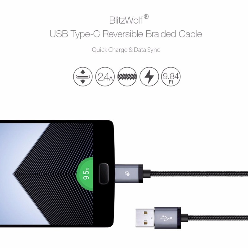 blitzwolf bw-cb9 type-c 2.4a 3m data sync and fast charging reversible usb braided cable