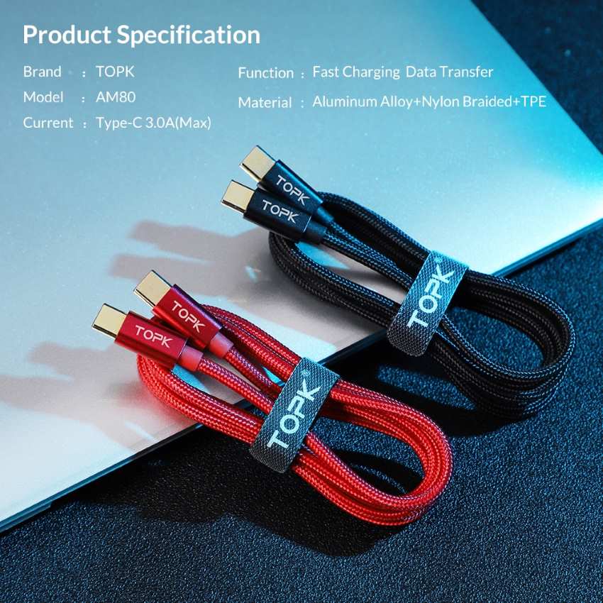 topk an80 type-c to type-c 60w 3a 1m pd qc3.0 data sync and fast charging braided cable