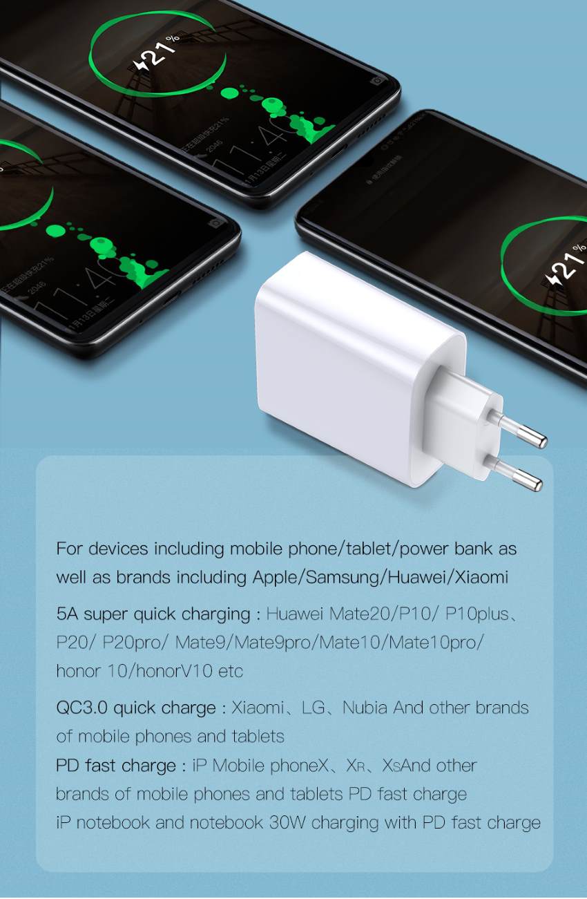 baseus bs-eu905 30w 5a quick charge 4.0 4.0 3.0 pd 3.0 dual port type-c and usb wall charger