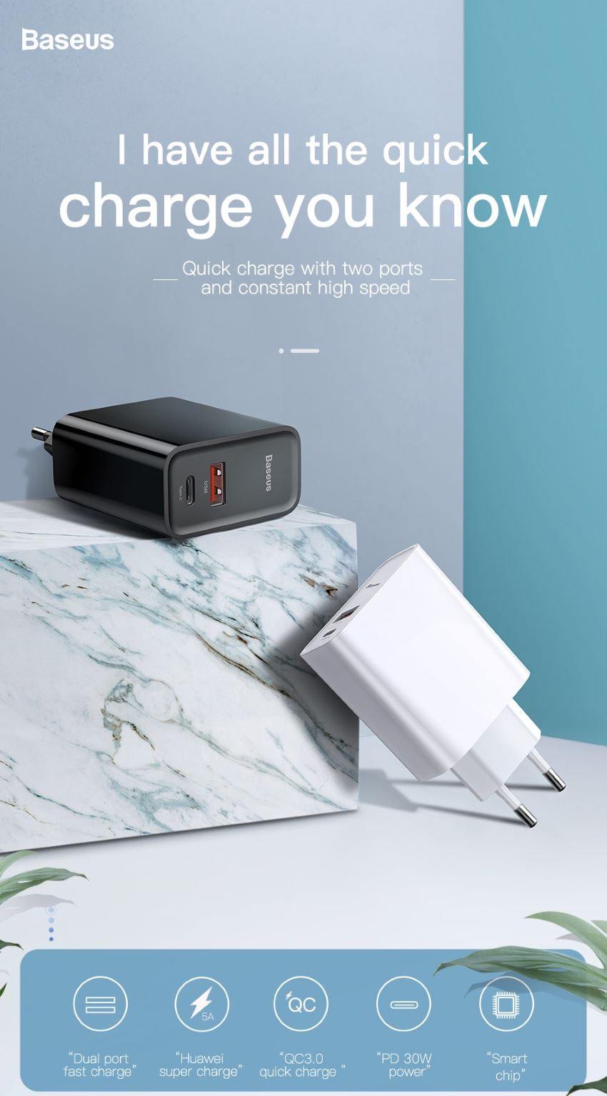 baseus bs-eu905 30w 5a quick charge 4.0 4.0 3.0 pd 3.0 dual port type-c and usb wall charger