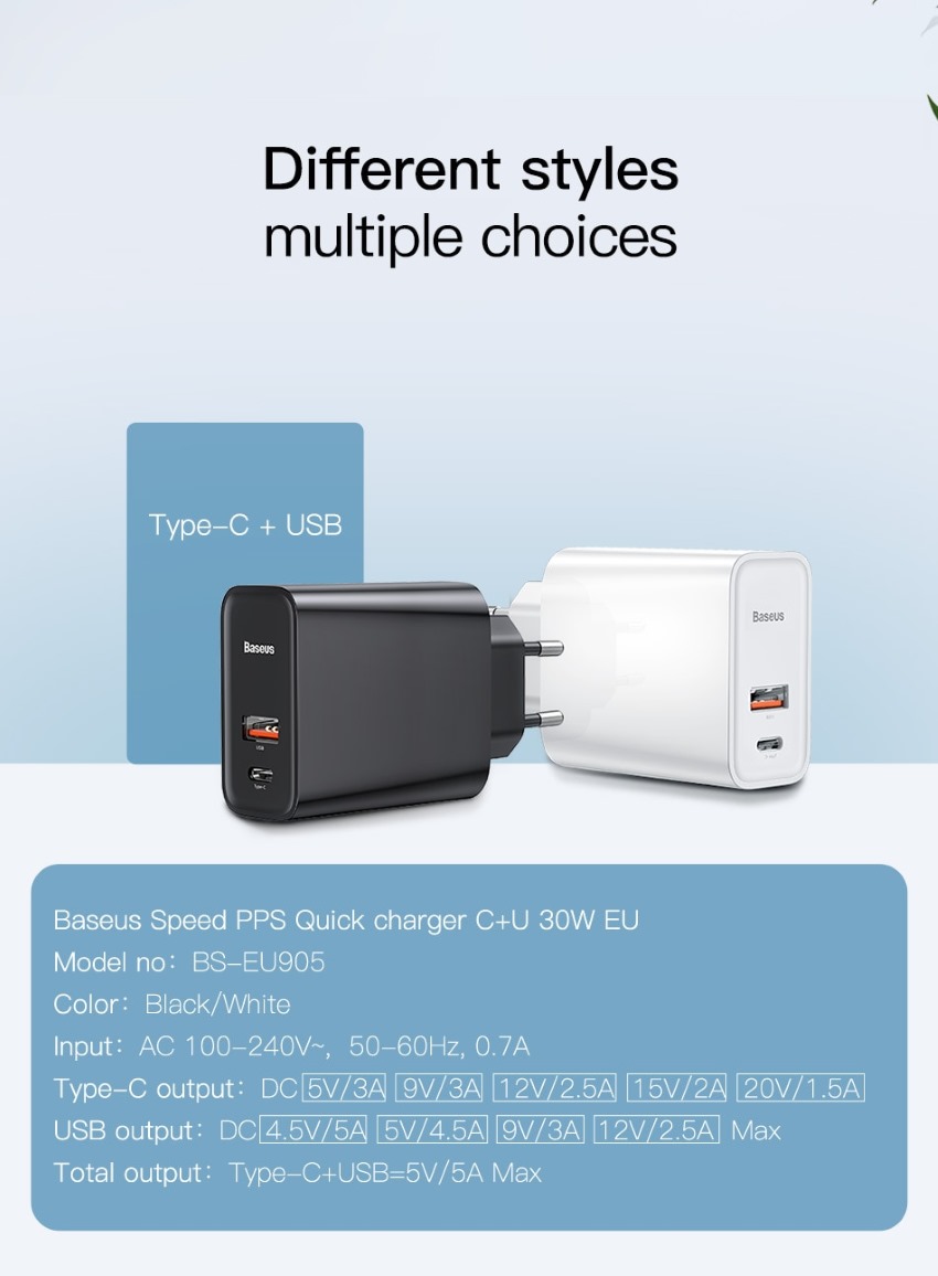 baseus bs-eu905 30w 5a quick charge 4.0 4.0 3.0 pd 3.0 dual port type-c and usb wall charger