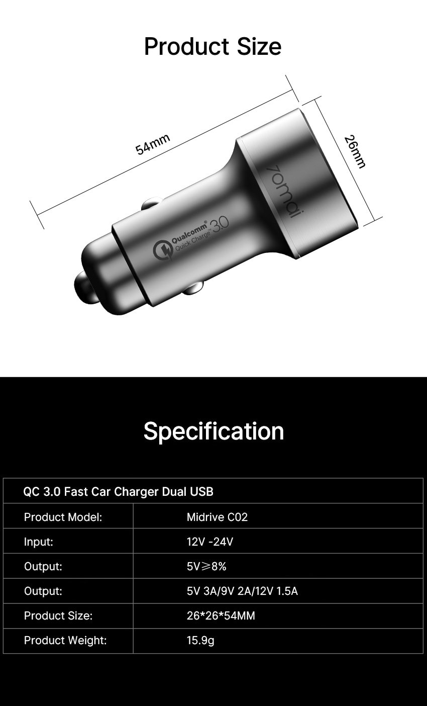 xiaomi 70mai midrive cc02 18w qualcomm certified quick charge 3.0 dual-port usb fast car charger