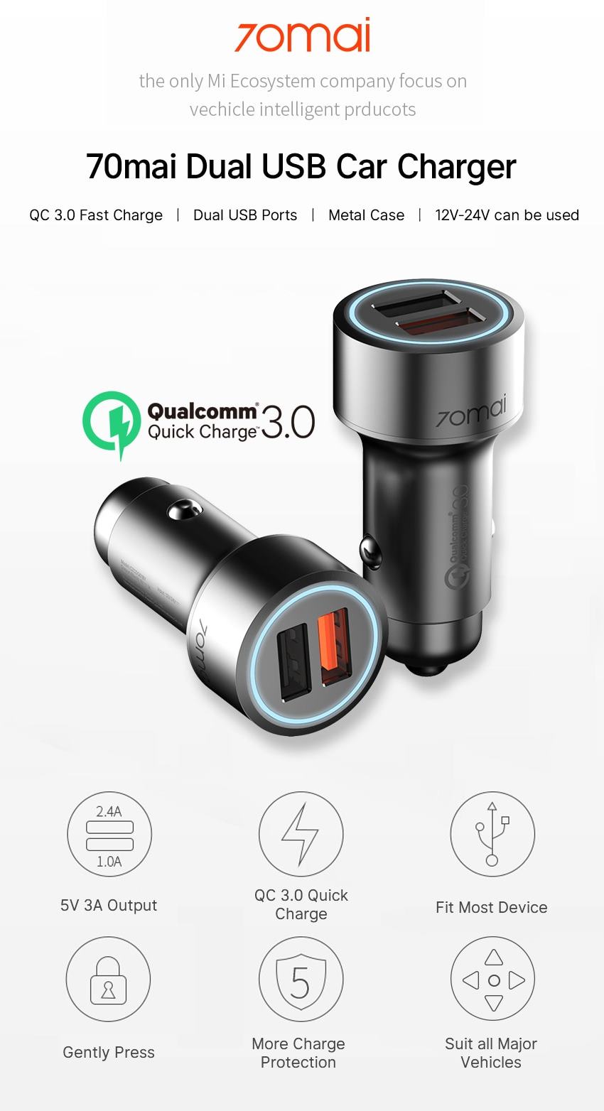 xiaomi 70mai midrive cc02 18w qualcomm certified quick charge 3.0 dual-port usb fast car charger