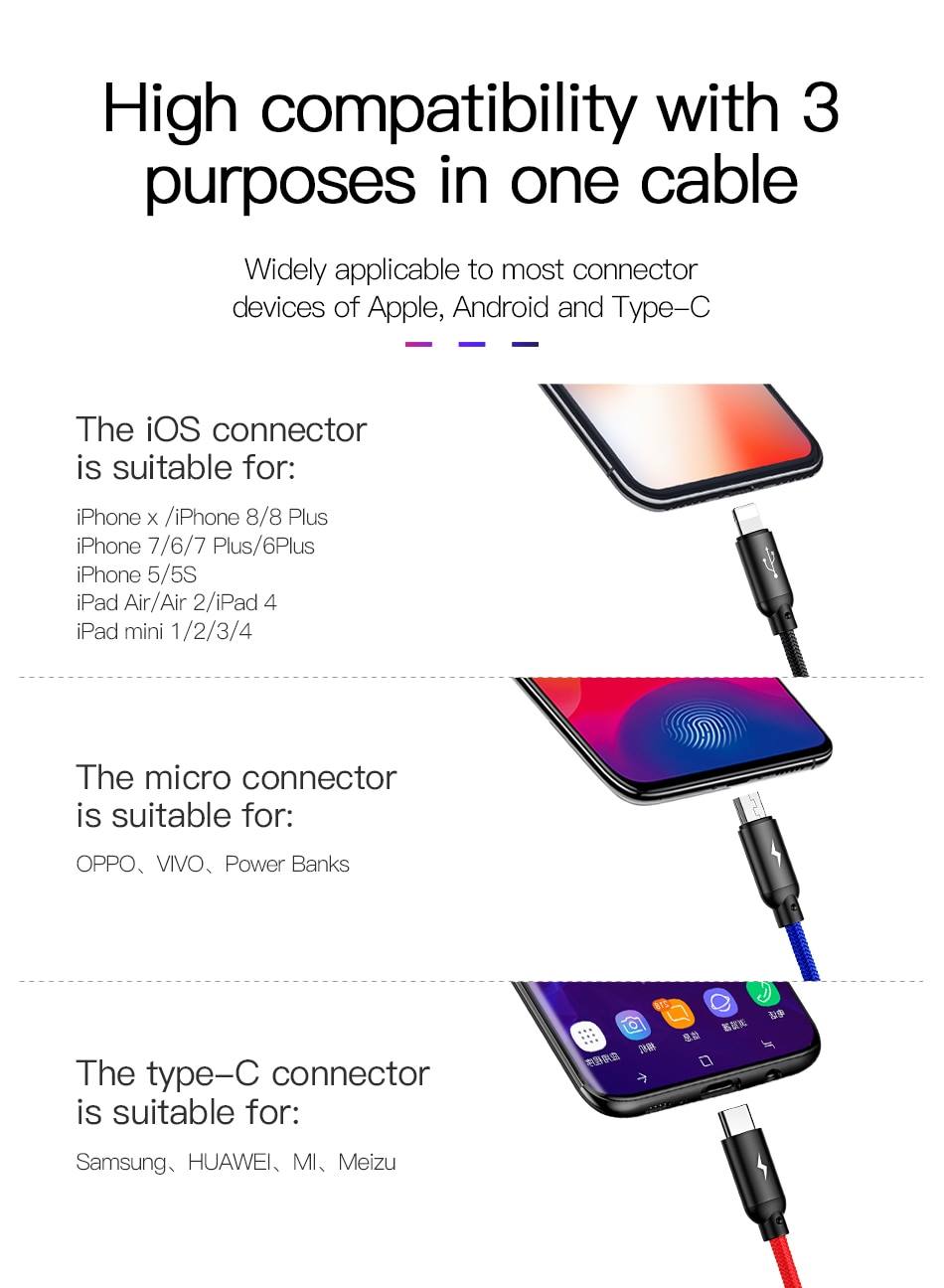 baseus 3-in-1 lightning type-c micro usb 3.4a fast charging braided cable