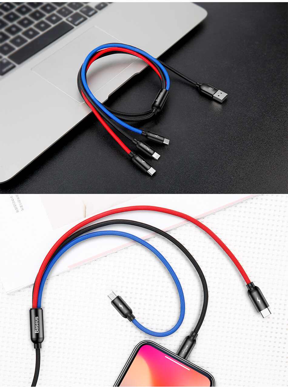baseus 3-in-1 lightning type-c micro usb 3.4a fast charging braided cable