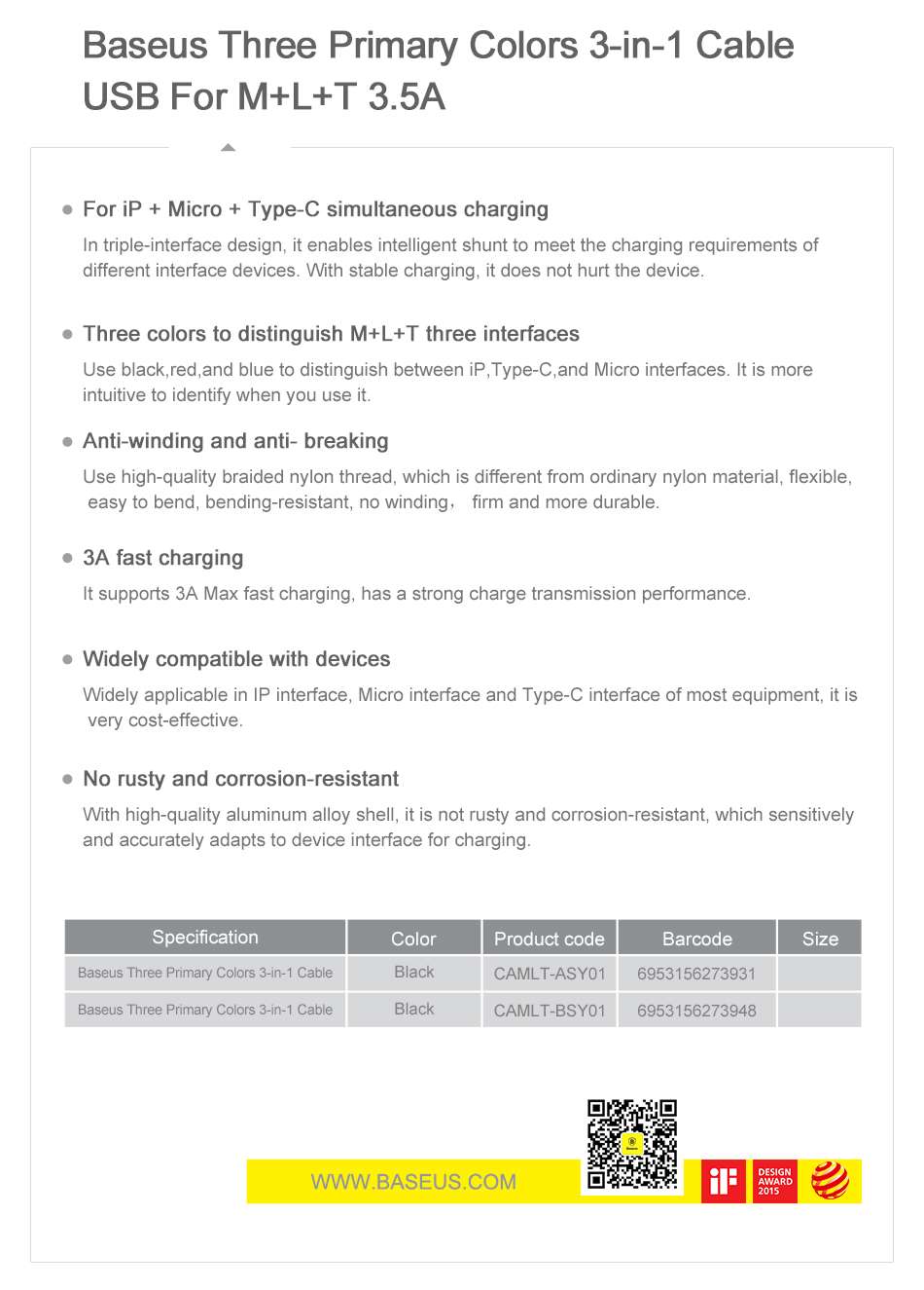 baseus 3-in-1 lightning type-c micro usb 3.4a fast charging braided cable