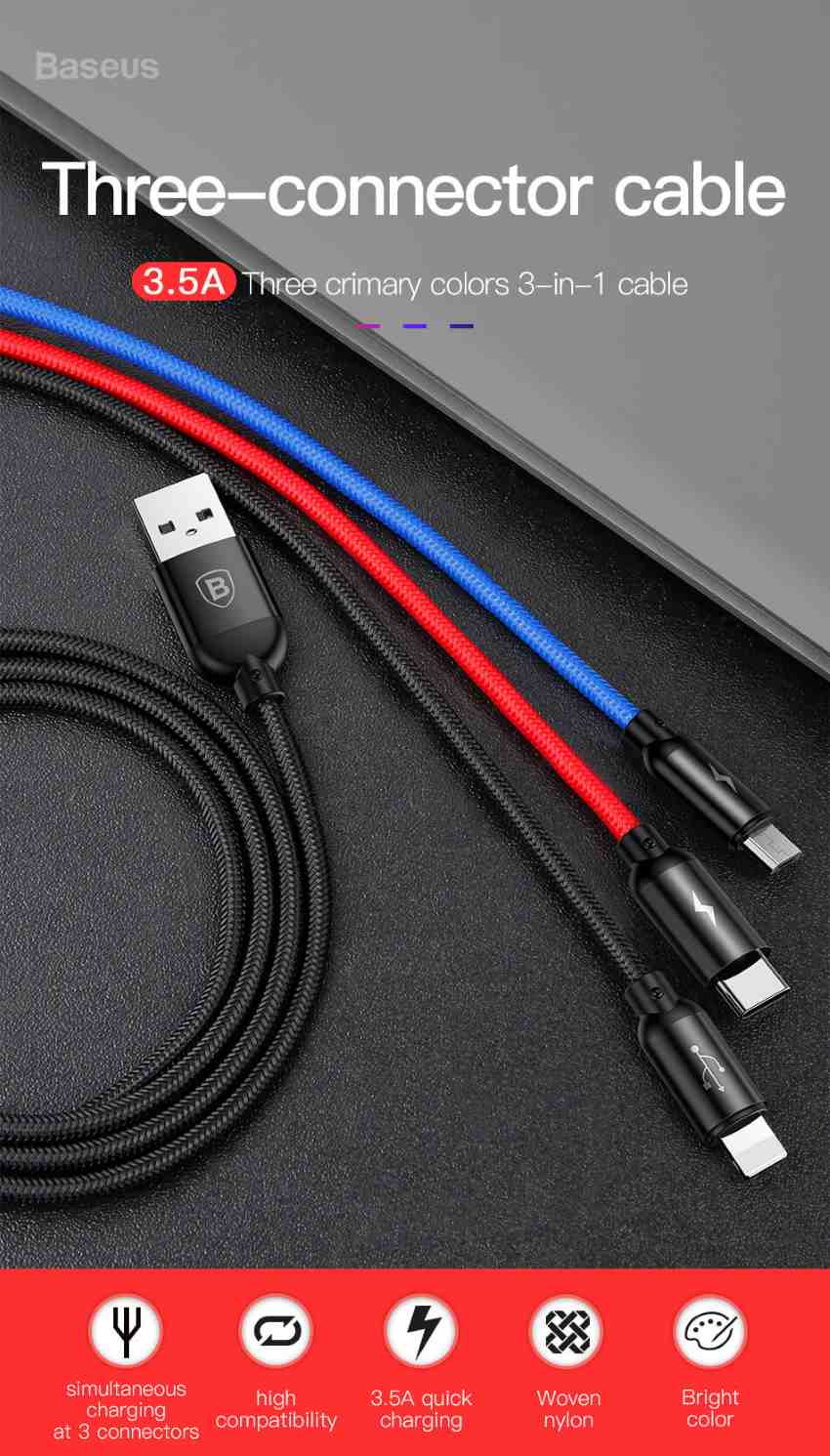 baseus 3-in-1 lightning type-c micro usb 3.4a fast charging braided cable