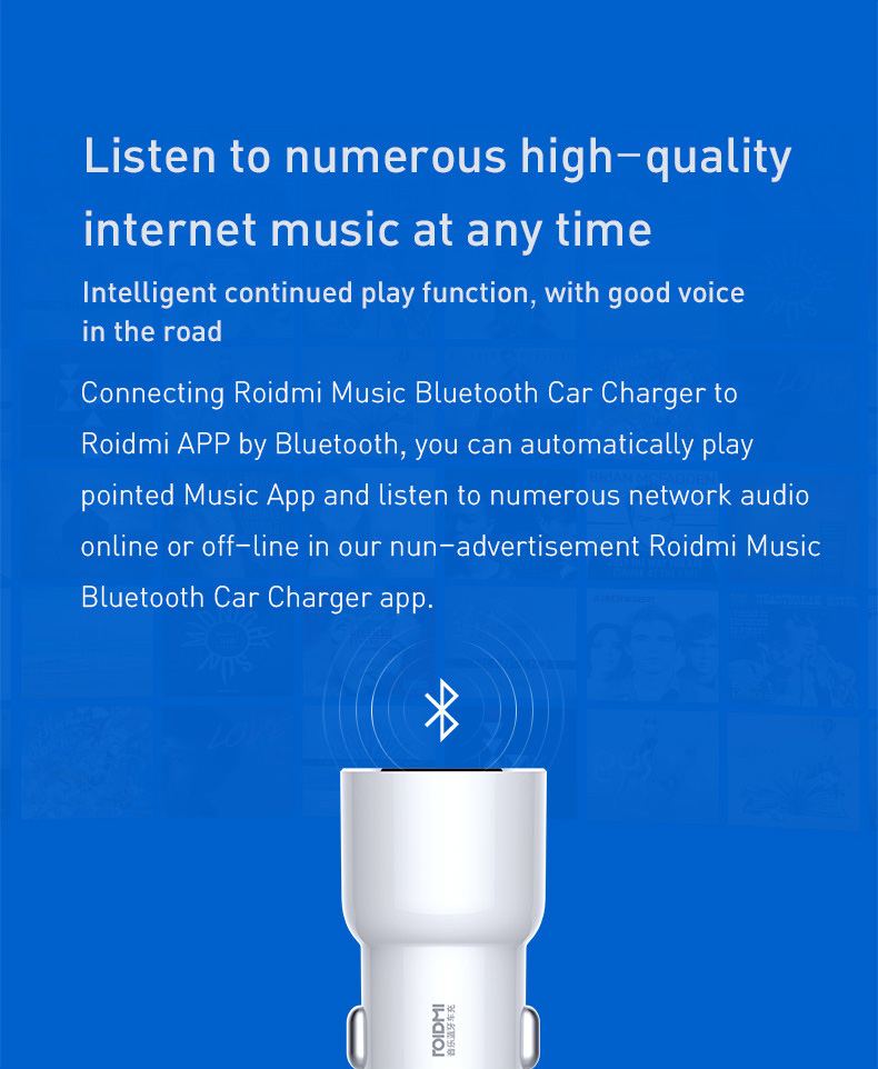 Xiaomi ROIDMI 3S Dual USB Bluetooth Music Car Charger for Mobile Phone