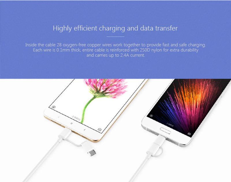 Xiaomi ZMI 2-in-1 Micro USB 2.4A Type-C 3A 1M Quick Charge 3.0 Data Cable