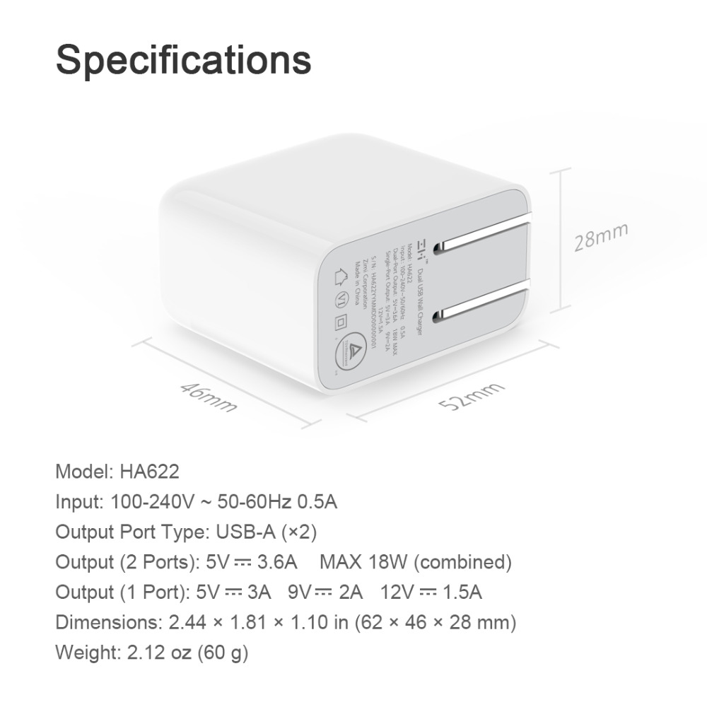 Xiaomi ZMI Dual Port 18W QC 3.0 Charger with Type-C USB Cable