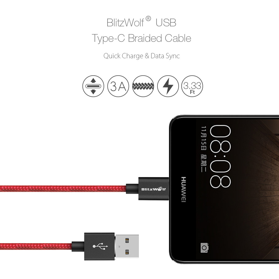 BlitzWolf BW-TC1 Type-C 3A 1m Quick Charge 3.0 Sync and Charge Cable