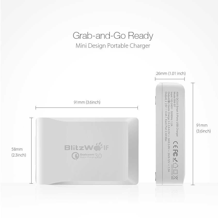 BlitzWolf BW-S7 Qualcomm Certified QC 3.0+4.4A 40W 5-Port USB EU Adapter Desktop Charger