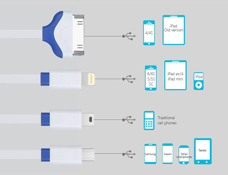 Capshi 4-in-1 Micro USB, Mini USB, Apple Lightning 8-pin and 30-pin 2A Fast Charging Cable	