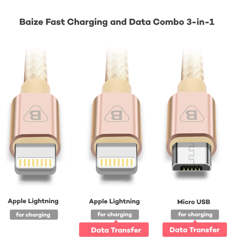 biaze k7 3-in-1 lightning charge + lightning data and charge + micro usb data and charge braided cable