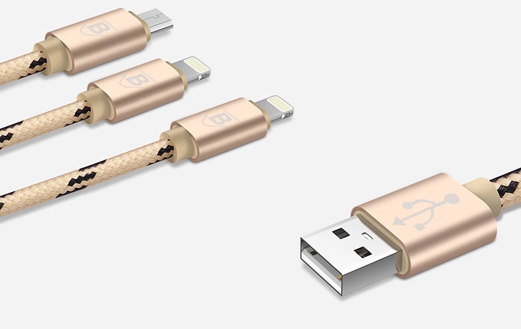 biaze k7 3-in-1 lightning charge + lightning data and charge + micro usb data and charge braided cable